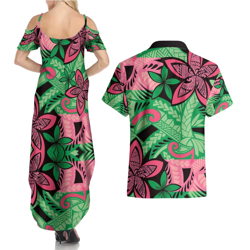 Plumeria Polynesian Pattern Couples Matching Summer Maxi Dress and Hawaiian Shirt Unique Fantasy Green Pink