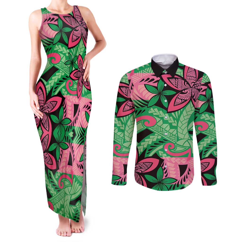 Plumeria Polynesian Pattern Couples Matching Tank Maxi Dress and Long Sleeve Button Shirt Unique Fantasy Green Pink