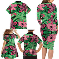Plumeria Polynesian Pattern Family Matching Long Sleeve Bodycon Dress and Hawaiian Shirt Unique Fantasy Green Pink LT01 - Polynesian Pride