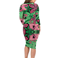 Plumeria Polynesian Pattern Family Matching Long Sleeve Bodycon Dress and Hawaiian Shirt Unique Fantasy Green Pink LT01 - Polynesian Pride