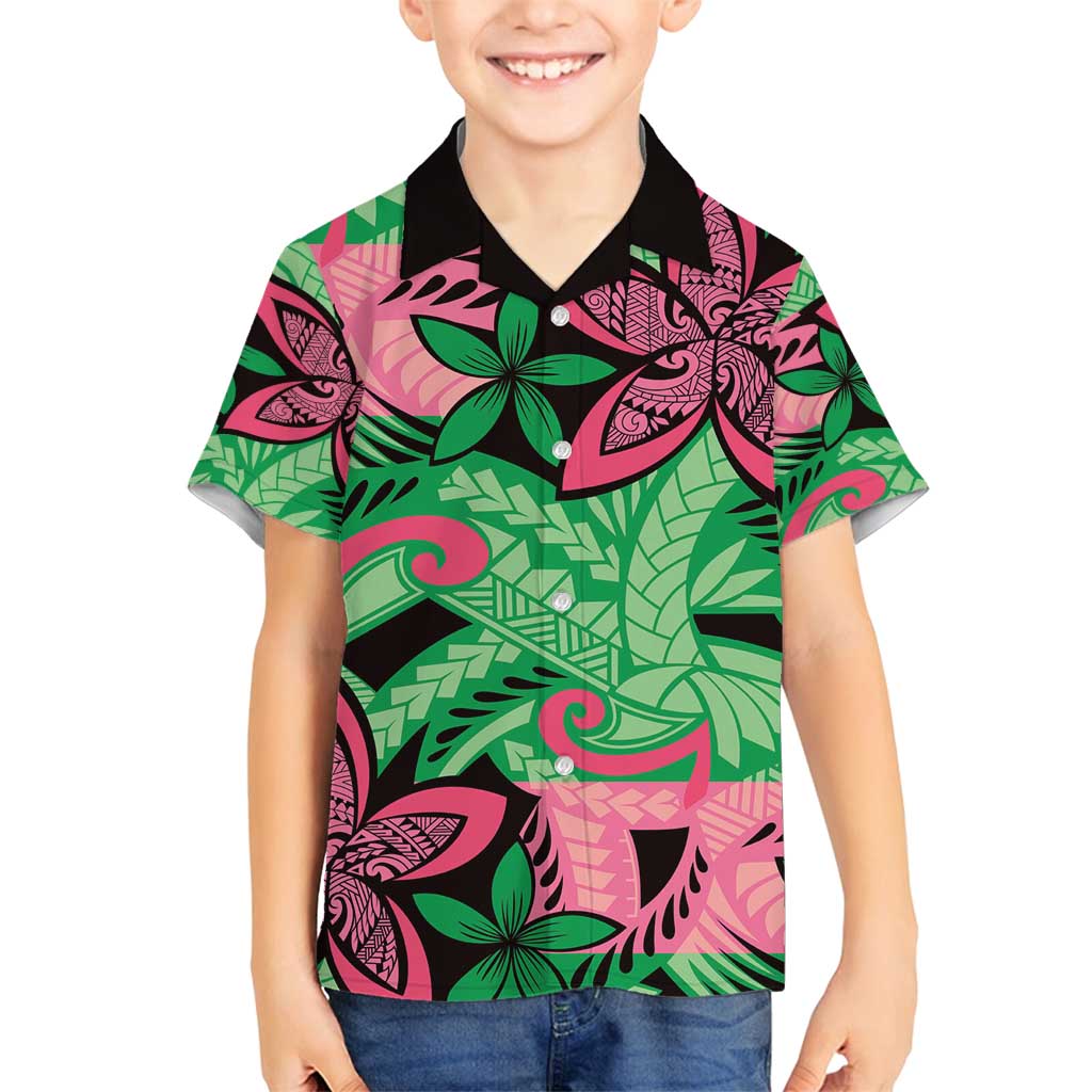 Plumeria Polynesian Pattern Family Matching Long Sleeve Bodycon Dress and Hawaiian Shirt Unique Fantasy Green Pink LT01 Son's Shirt Green - Polynesian Pride