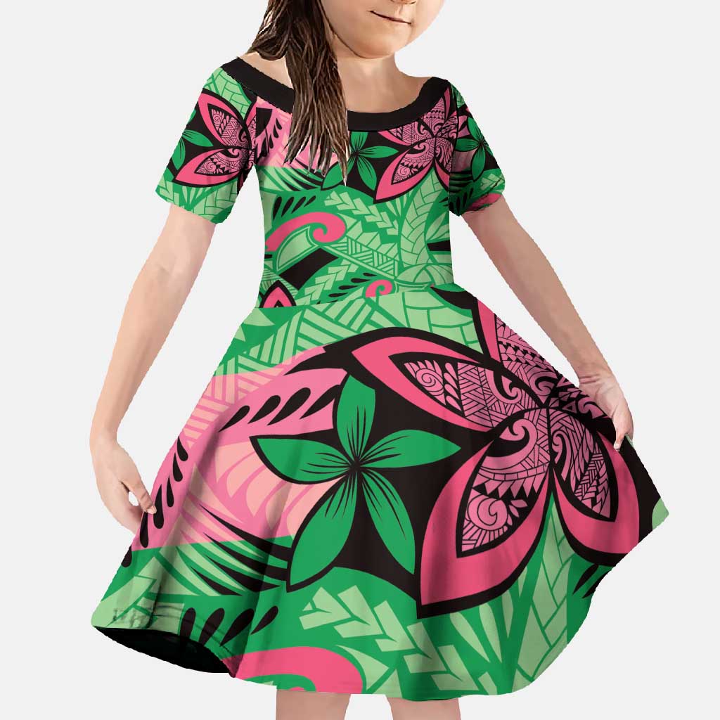 Plumeria Polynesian Pattern Family Matching Mermaid Dress and Hawaiian Shirt Unique Fantasy Green Pink LT01 Daughter's Dress Green - Polynesian Pride