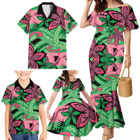 Plumeria Polynesian Pattern Family Matching Mermaid Dress and Hawaiian Shirt Unique Fantasy Green Pink LT01 - Polynesian Pride