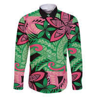Plumeria Polynesian Pattern Family Matching Mermaid Dress and Hawaiian Shirt Unique Fantasy Green Pink LT01 Dad's Shirt - Long Sleeve Green - Polynesian Pride