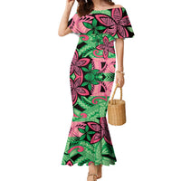 Plumeria Polynesian Pattern Family Matching Mermaid Dress and Hawaiian Shirt Unique Fantasy Green Pink LT01 Mom's Dress Green - Polynesian Pride