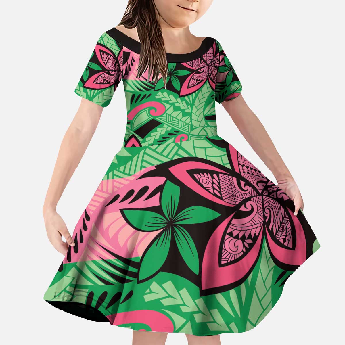 Plumeria Polynesian Pattern Family Matching Off The Shoulder Long Sleeve Dress and Hawaiian Shirt Unique Fantasy Green Pink LT01 Daughter's Dress Green - Polynesian Pride