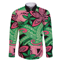 Plumeria Polynesian Pattern Family Matching Off The Shoulder Long Sleeve Dress and Hawaiian Shirt Unique Fantasy Green Pink LT01 Dad's Shirt - Long Sleeve Green - Polynesian Pride