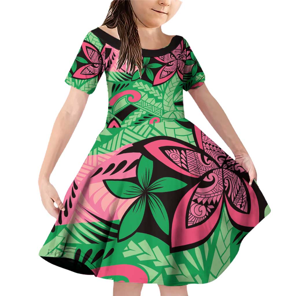Plumeria Polynesian Pattern Family Matching Off Shoulder Short Dress and Hawaiian Shirt Unique Fantasy Green Pink LT01 Daughter's Dress Green - Polynesian Pride