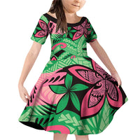 Plumeria Polynesian Pattern Family Matching Off Shoulder Short Dress and Hawaiian Shirt Unique Fantasy Green Pink LT01 Daughter's Dress Green - Polynesian Pride