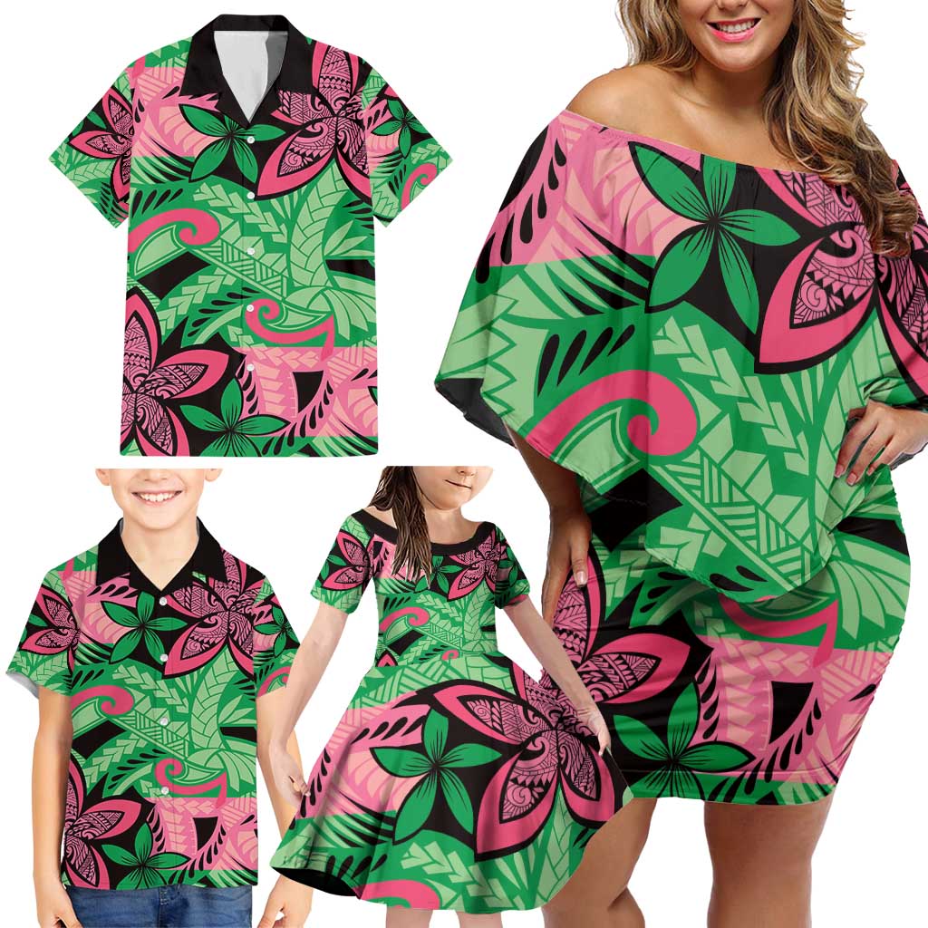 Plumeria Polynesian Pattern Family Matching Off Shoulder Short Dress and Hawaiian Shirt Unique Fantasy Green Pink LT01 - Polynesian Pride