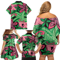 Plumeria Polynesian Pattern Family Matching Off Shoulder Short Dress and Hawaiian Shirt Unique Fantasy Green Pink LT01 - Polynesian Pride