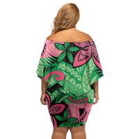 Plumeria Polynesian Pattern Family Matching Off Shoulder Short Dress and Hawaiian Shirt Unique Fantasy Green Pink LT01 - Polynesian Pride