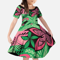 Plumeria Polynesian Pattern Family Matching Short Sleeve Bodycon Dress and Hawaiian Shirt Unique Fantasy Green Pink LT01 Daughter's Dress Green - Polynesian Pride