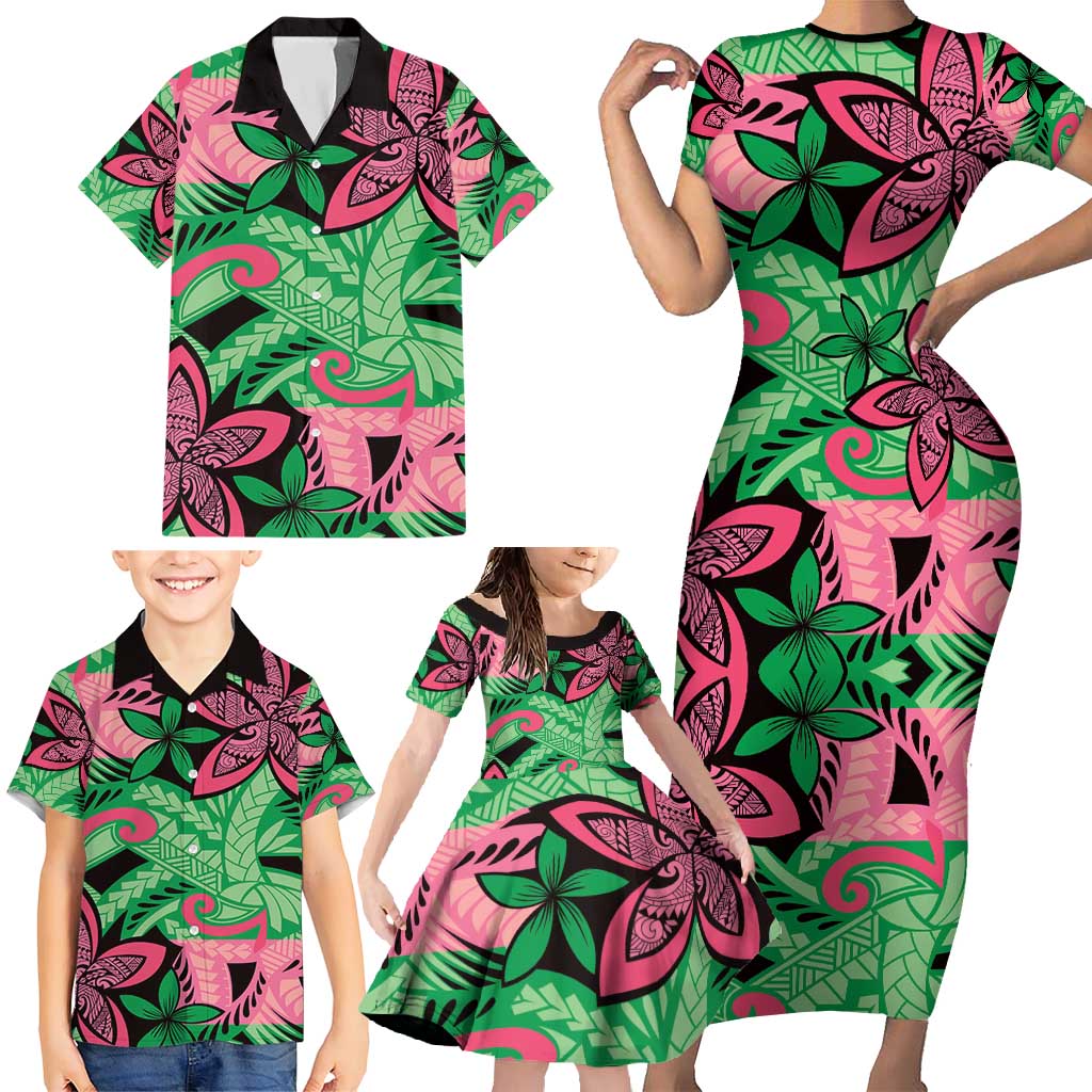 Plumeria Polynesian Pattern Family Matching Short Sleeve Bodycon Dress and Hawaiian Shirt Unique Fantasy Green Pink LT01 - Polynesian Pride