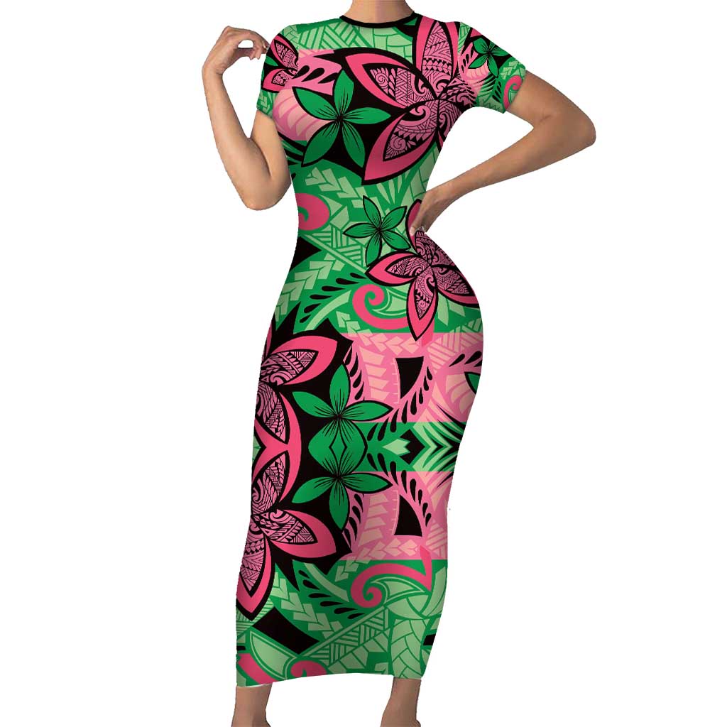 Plumeria Polynesian Pattern Family Matching Short Sleeve Bodycon Dress and Hawaiian Shirt Unique Fantasy Green Pink LT01 Mom's Dress Green - Polynesian Pride