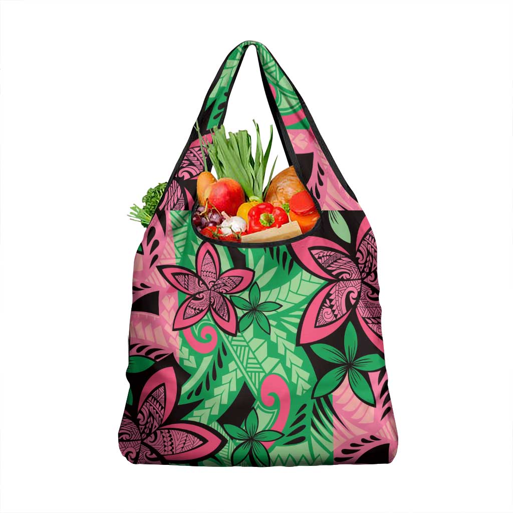 Plumeria Polynesian Pattern Grocery Bag Unique Fantasy Green Pink LT01 1-pack One Size Green - Polynesian Pride