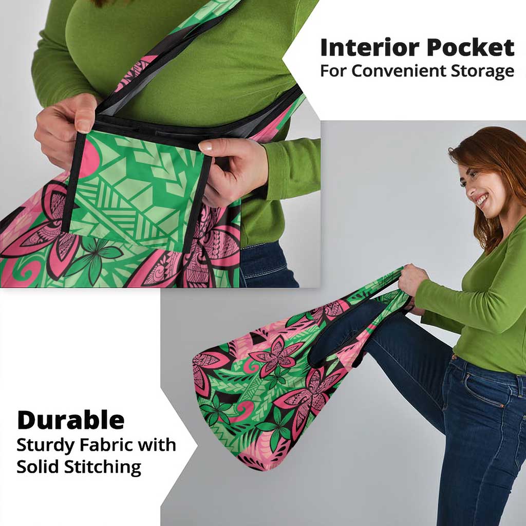 Plumeria Polynesian Pattern Grocery Bag Unique Fantasy Green Pink