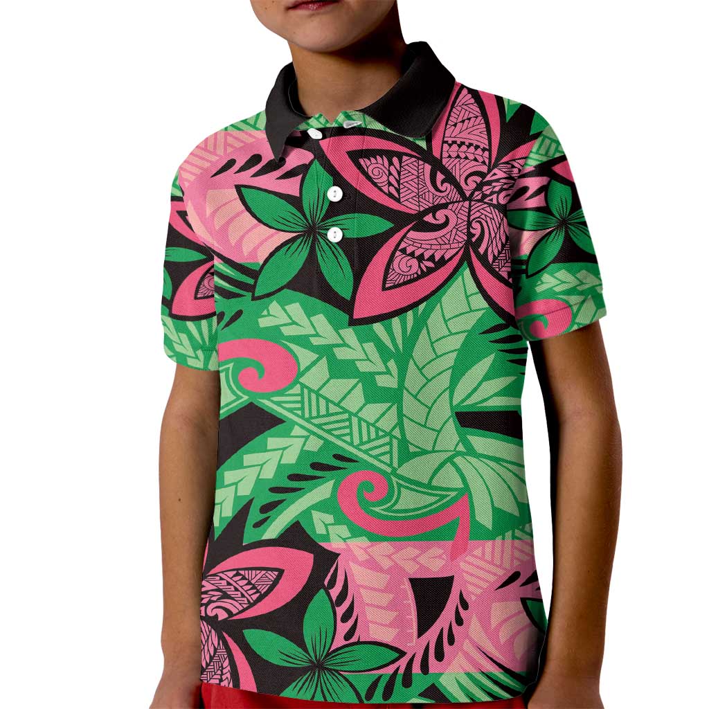 Plumeria Polynesian Pattern Kid Polo Shirt Unique Fantasy Green Pink