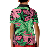Plumeria Polynesian Pattern Kid Polo Shirt Unique Fantasy Green Pink