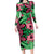 Plumeria Polynesian Pattern Long Sleeve Bodycon Dress Unique Fantasy Green Pink