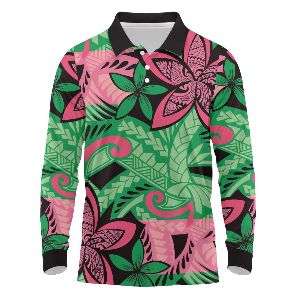 Plumeria Polynesian Pattern Long Sleeve Polo Shirt Unique Fantasy Green Pink