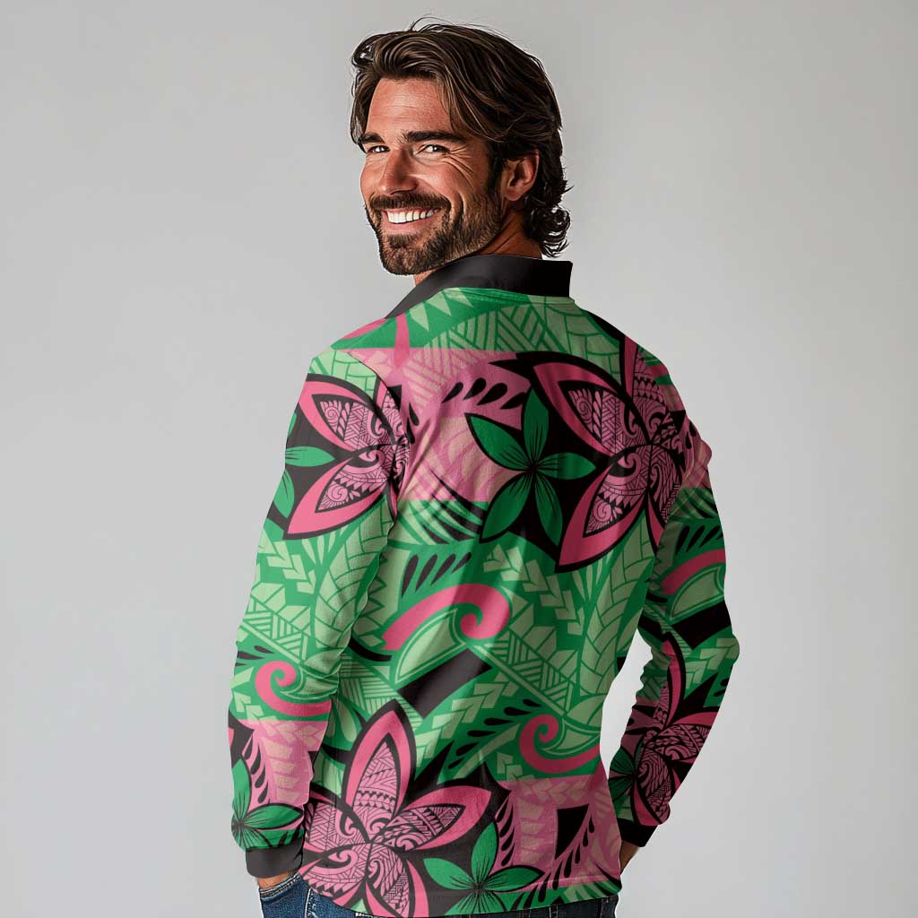 Plumeria Polynesian Pattern Long Sleeve Polo Shirt Unique Fantasy Green Pink