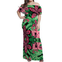 Plumeria Polynesian Pattern Off Shoulder Maxi Dress Unique Fantasy Green Pink