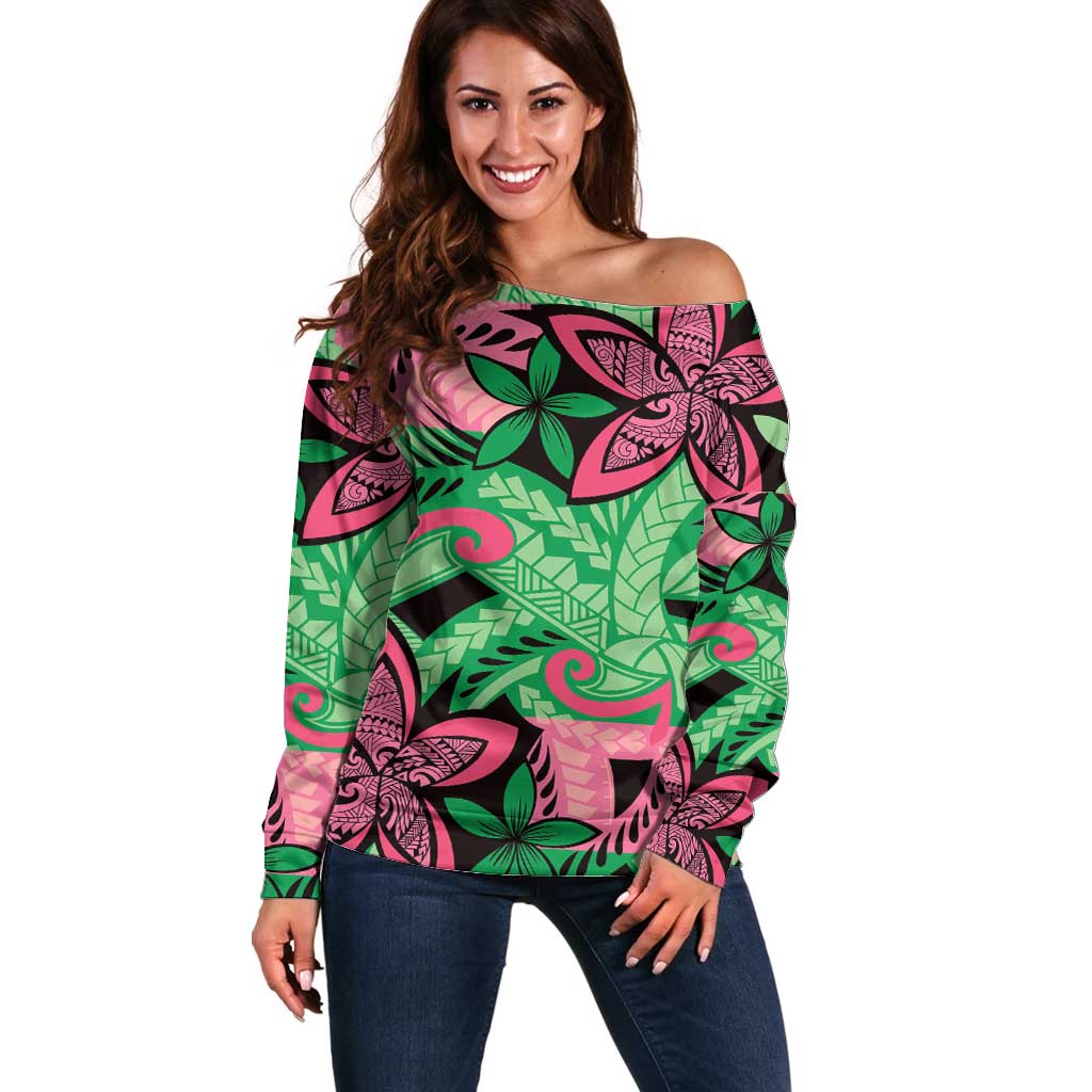 Plumeria Polynesian Pattern Off Shoulder Sweater Unique Fantasy Green Pink LT01 Women Green - Polynesian Pride