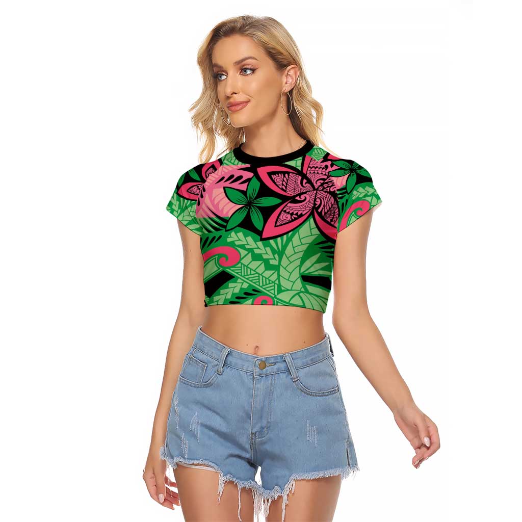 Plumeria Polynesian Pattern Raglan Cropped T Shirt Unique Fantasy Green Pink