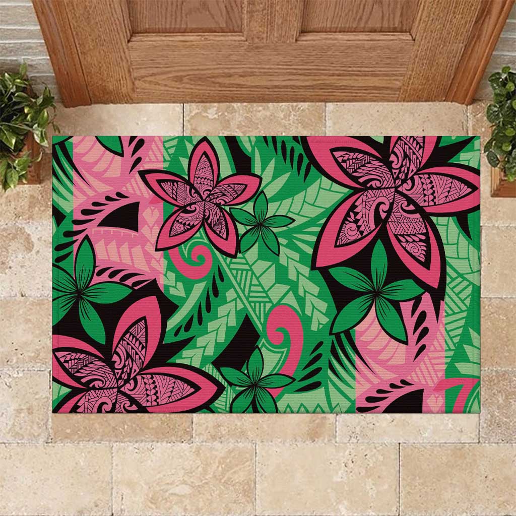 Plumeria Polynesian Pattern Rubber Doormat Unique Fantasy Green Pink