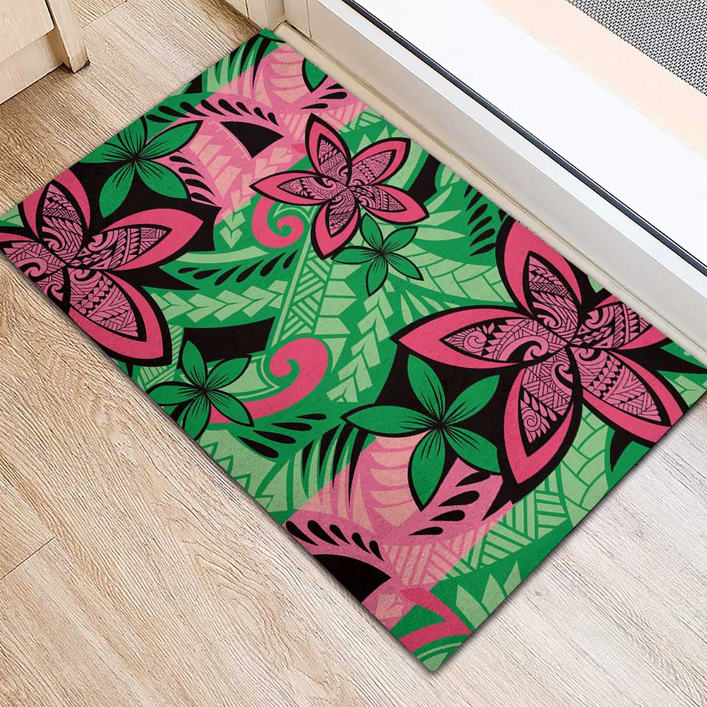 Plumeria Polynesian Pattern Rubber Doormat Unique Fantasy Green Pink
