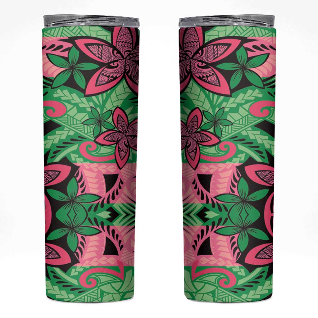 Plumeria Polynesian Pattern Skinny Tumbler Unique Fantasy Green Pink LT01 Green - Polynesian Pride