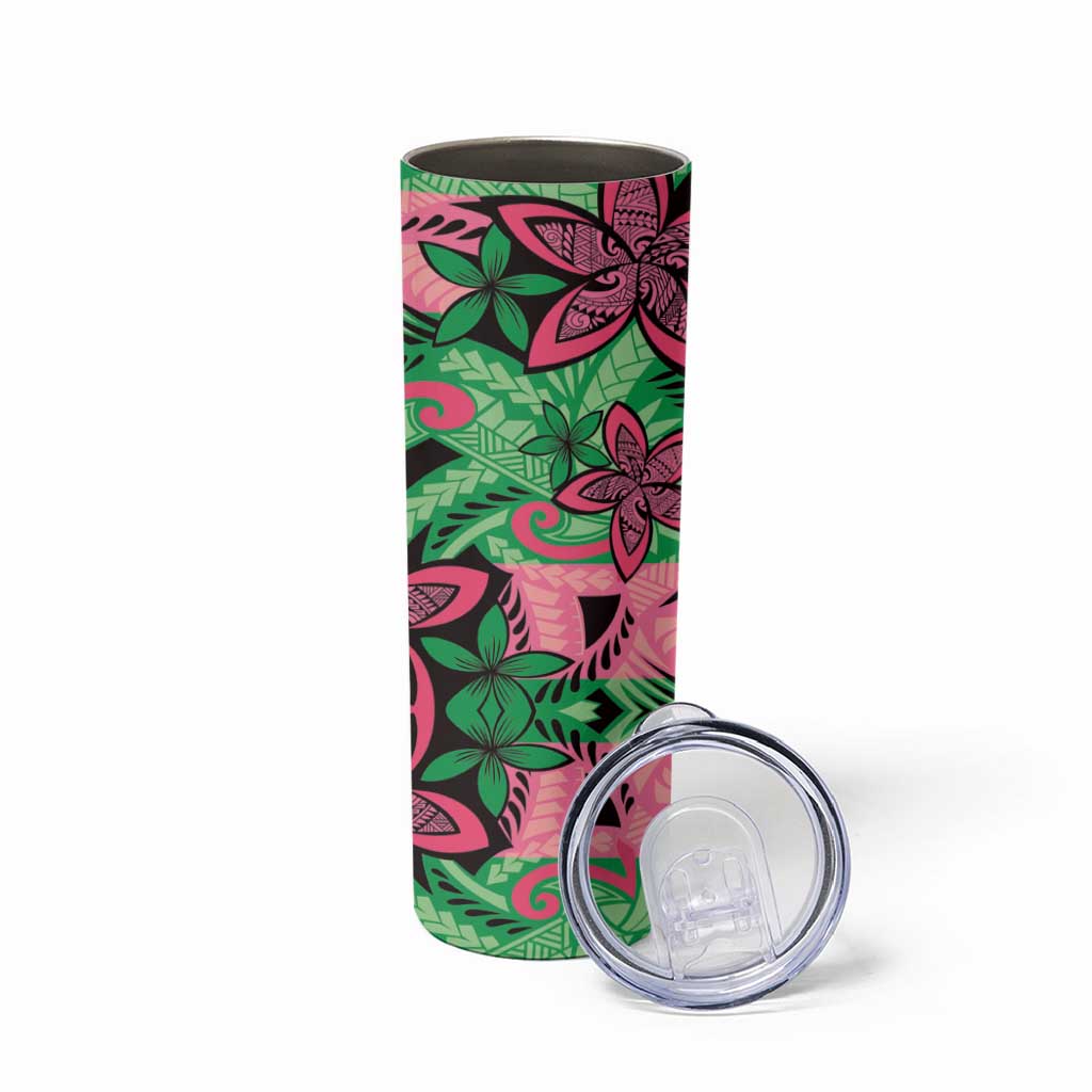 Plumeria Polynesian Pattern Skinny Tumbler Unique Fantasy Green Pink LT01 - Polynesian Pride