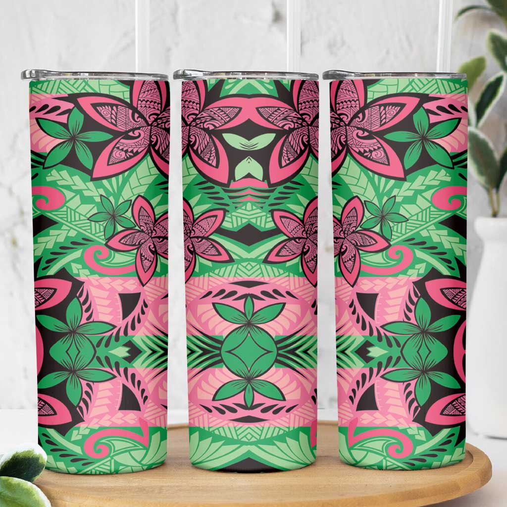 Plumeria Polynesian Pattern Skinny Tumbler Unique Fantasy Green Pink LT01 - Polynesian Pride