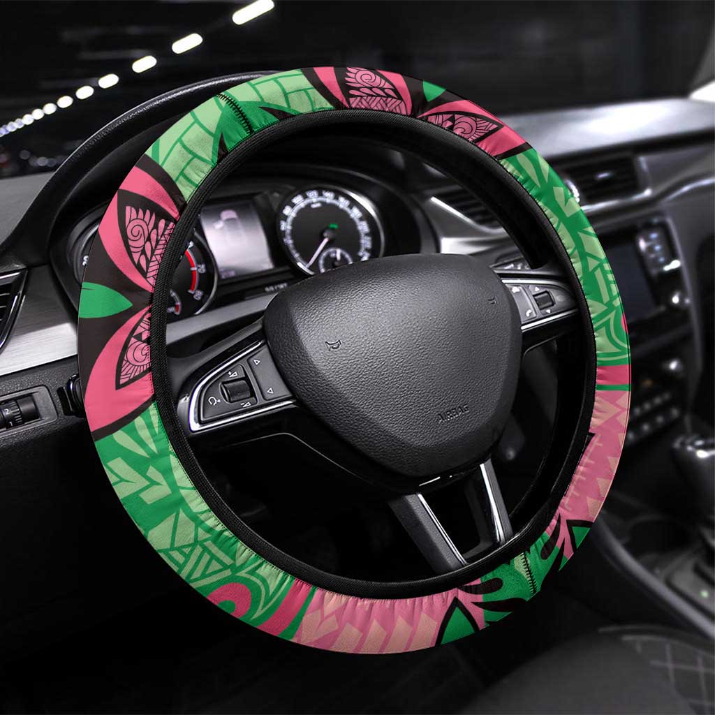 Plumeria Polynesian Pattern Steering Wheel Cover Unique Fantasy Green Pink LT01 Universal Fit Green - Polynesian Pride