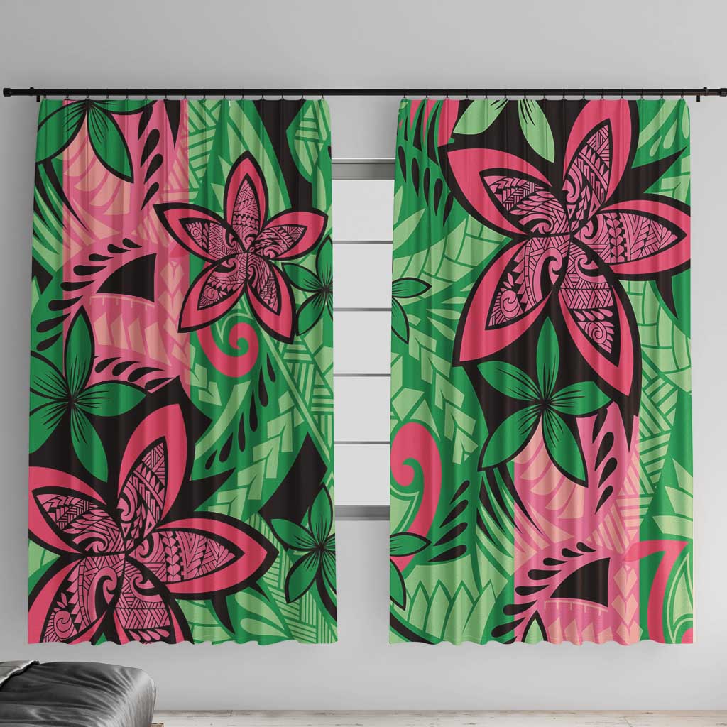 Plumeria Polynesian Pattern Window Curtain Unique Fantasy Green Pink LT01 With Hooks Green - Polynesian Pride