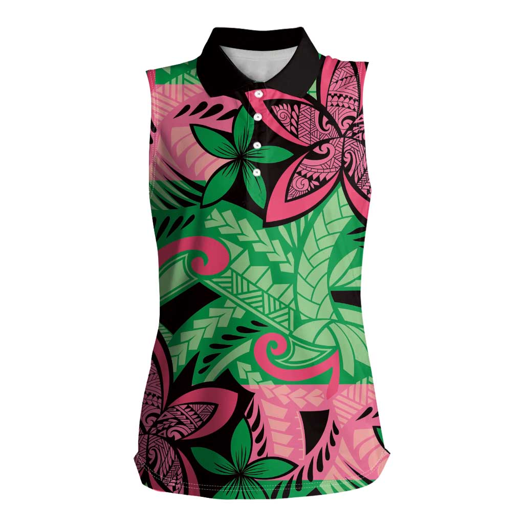 Plumeria Polynesian Pattern Women Sleeveless Polo Shirt Unique Fantasy Green Pink
