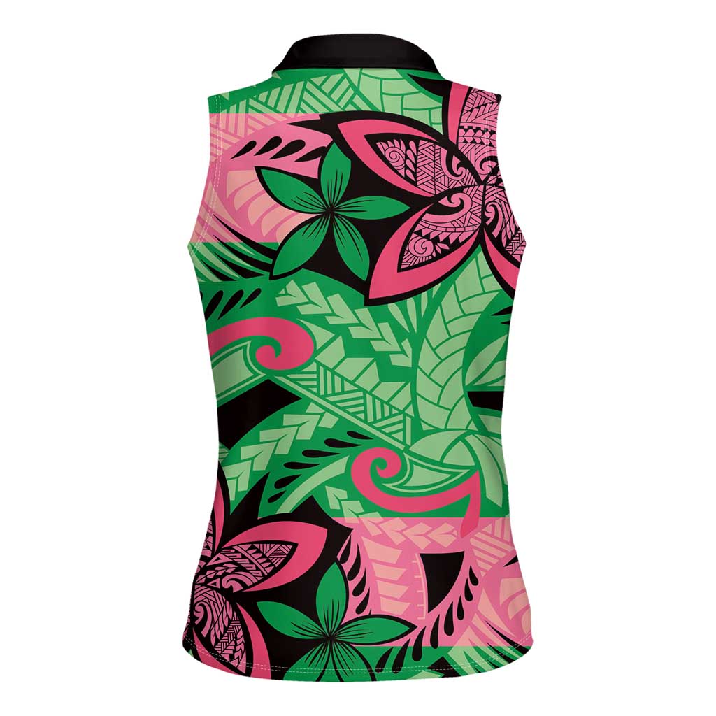 Plumeria Polynesian Pattern Women Sleeveless Polo Shirt Unique Fantasy Green Pink