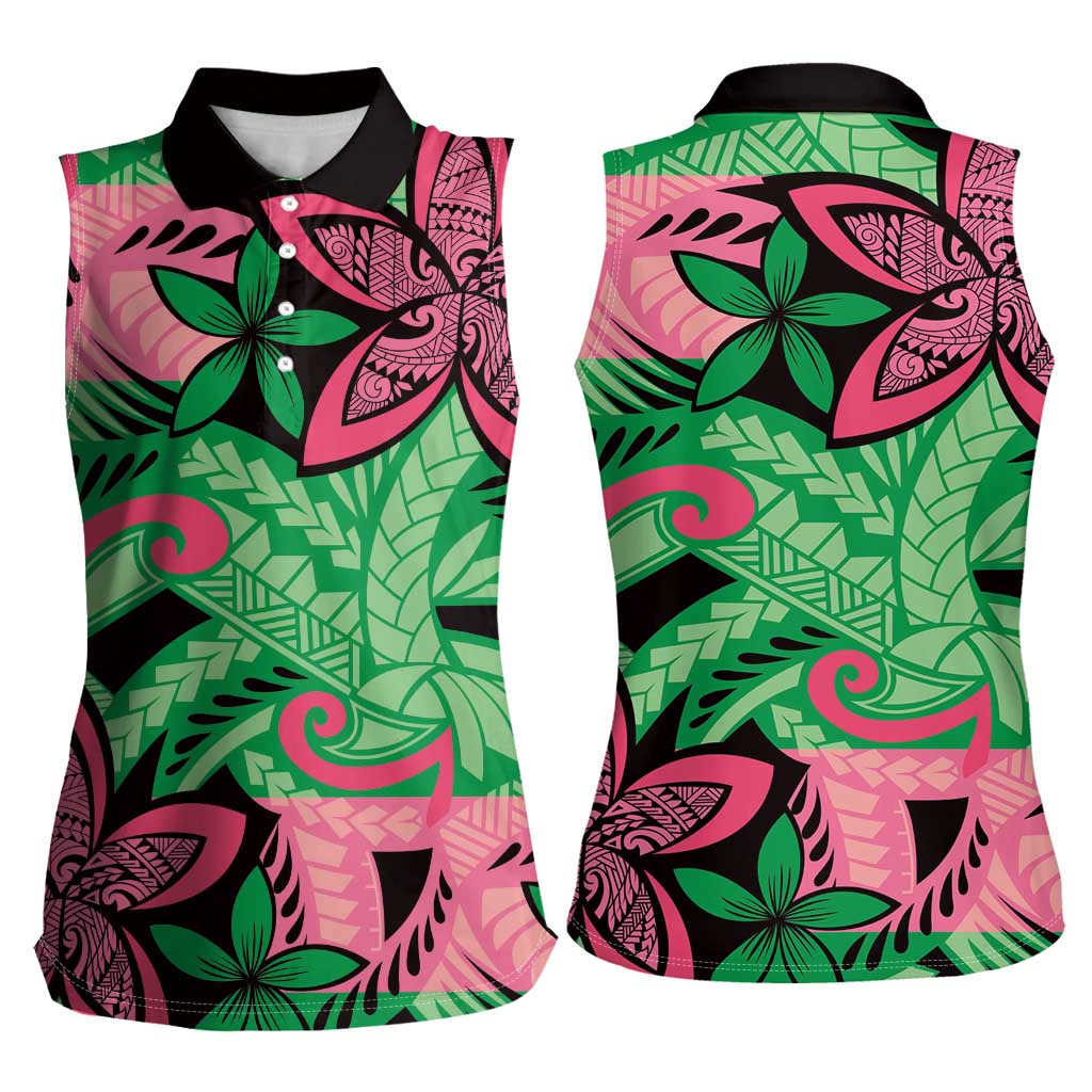 Plumeria Polynesian Pattern Women Sleeveless Polo Shirt Unique Fantasy Green Pink