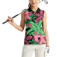 Plumeria Polynesian Pattern Women Sleeveless Polo Shirt Unique Fantasy Green Pink