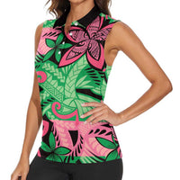 Plumeria Polynesian Pattern Women Sleeveless Polo Shirt Unique Fantasy Green Pink