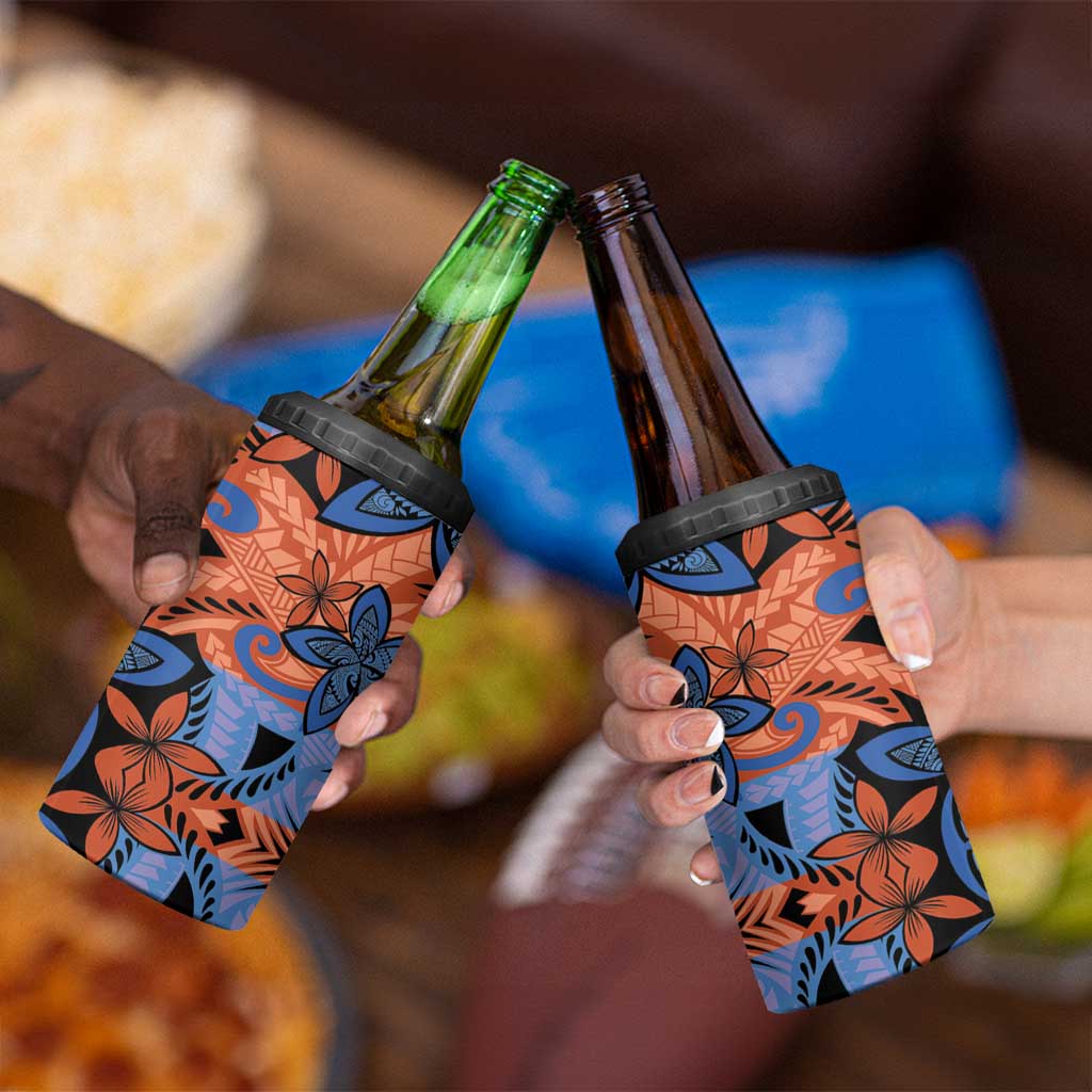 Plumeria Polynesian Pattern 4 in 1 Can Cooler Tumbler Unique Fantasy Orange Blue LT01 - Polynesian Pride