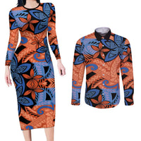 Plumeria Polynesian Pattern Couples Matching Long Sleeve Bodycon Dress and Long Sleeve Button Shirt Unique Fantasy Orange Blue