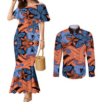 Plumeria Polynesian Pattern Couples Matching Mermaid Dress and Long Sleeve Button Shirt Unique Fantasy Orange Blue