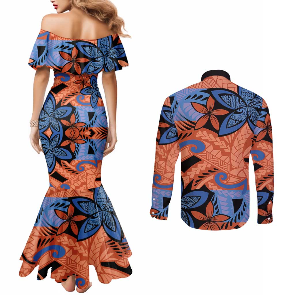 Plumeria Polynesian Pattern Couples Matching Mermaid Dress and Long Sleeve Button Shirt Unique Fantasy Orange Blue