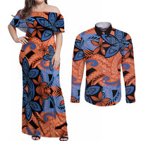 Plumeria Polynesian Pattern Couples Matching Off Shoulder Maxi Dress and Long Sleeve Button Shirt Unique Fantasy Orange Blue