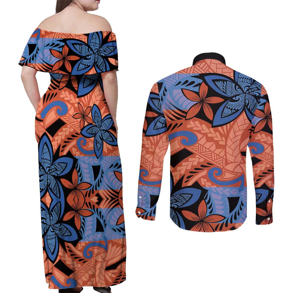 Plumeria Polynesian Pattern Couples Matching Off Shoulder Maxi Dress and Long Sleeve Button Shirt Unique Fantasy Orange Blue