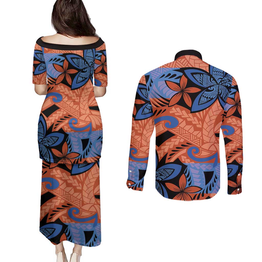 Plumeria Polynesian Pattern Couples Matching Puletasi and Long Sleeve Button Shirt Unique Fantasy Orange Blue