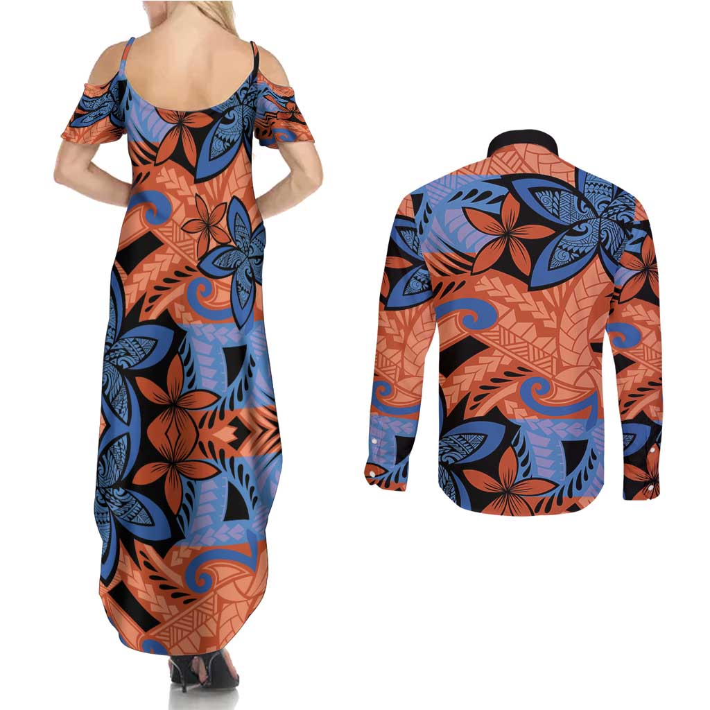 Plumeria Polynesian Pattern Couples Matching Summer Maxi Dress and Long Sleeve Button Shirt Unique Fantasy Orange Blue