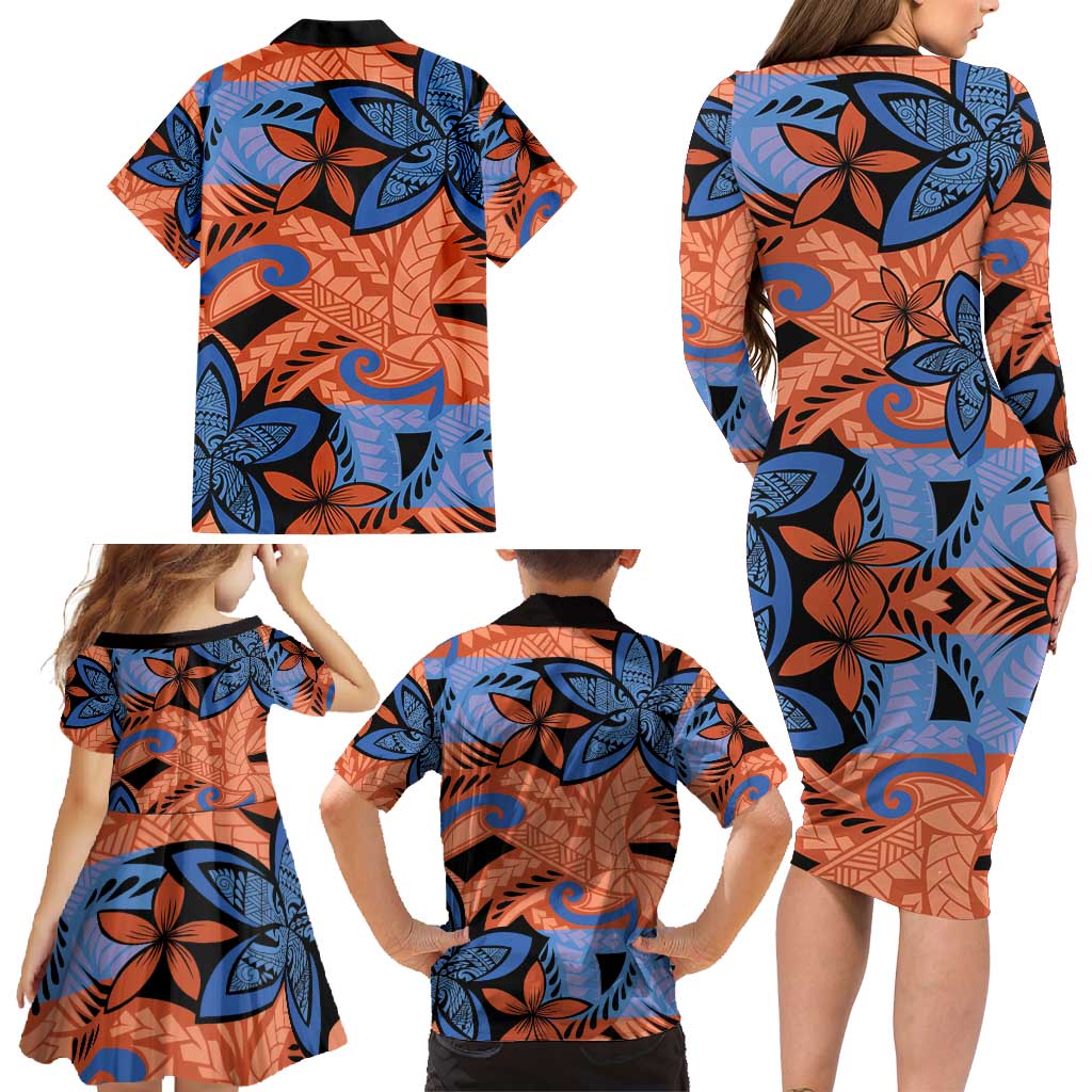 Plumeria Polynesian Pattern Family Matching Long Sleeve Bodycon Dress and Hawaiian Shirt Unique Fantasy Orange Blue LT01 - Polynesian Pride